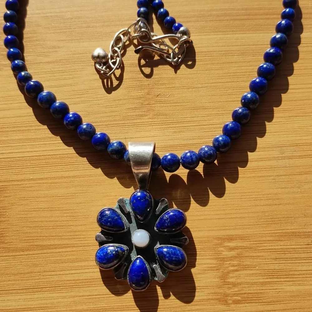 Jay King DTR mine finds Lapis necklace Lapis Agate flower pendant 925 Sterling S - Picture 5 of 8